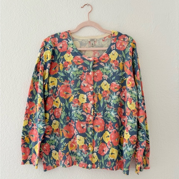 L.L. Bean Womens Cardigan Sweater XL Floral Cotton Blend Long Sleeve Stretch - Picture 1 of 9